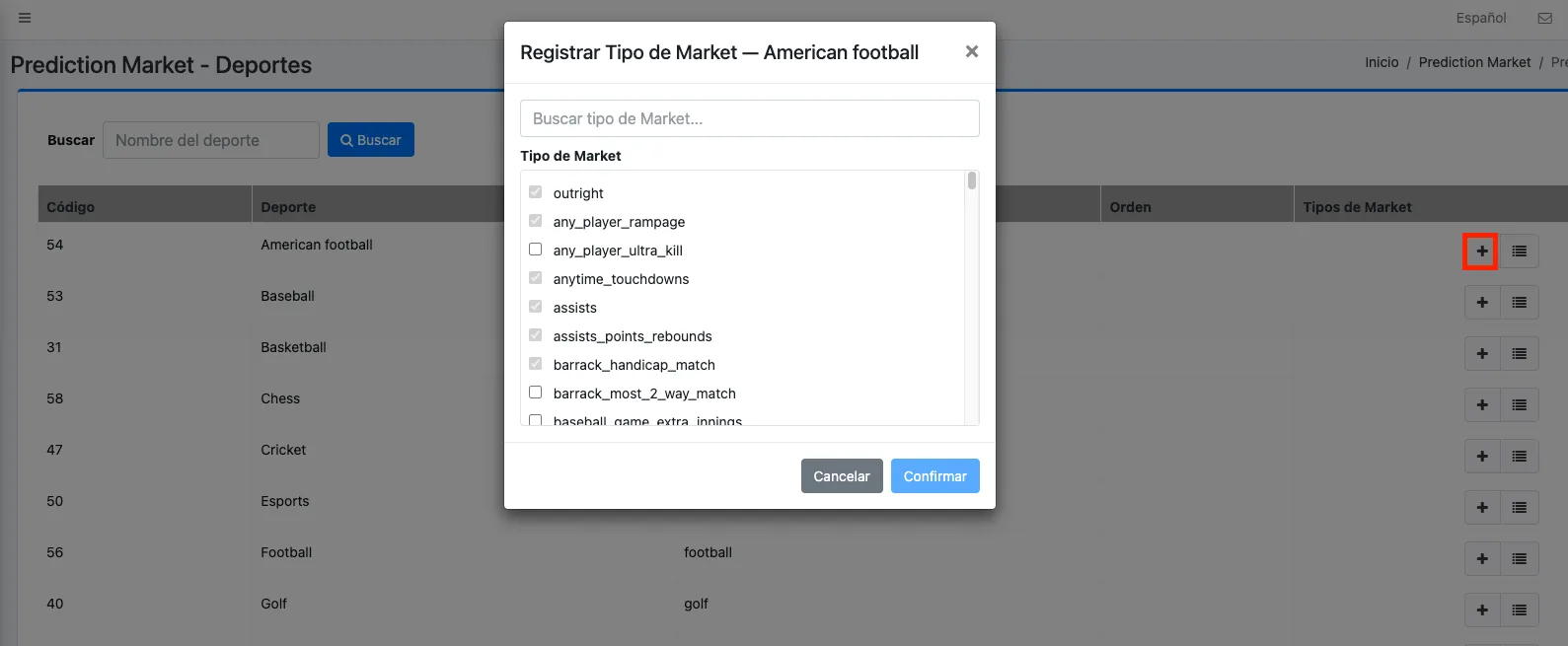 Back office: choosing market types for a sport
